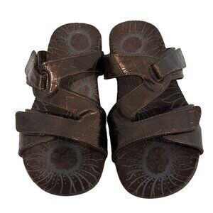 Vionic Womens Sandals Sz 8 Lauren Croc Embossed Patent Leather Bronze Metallic